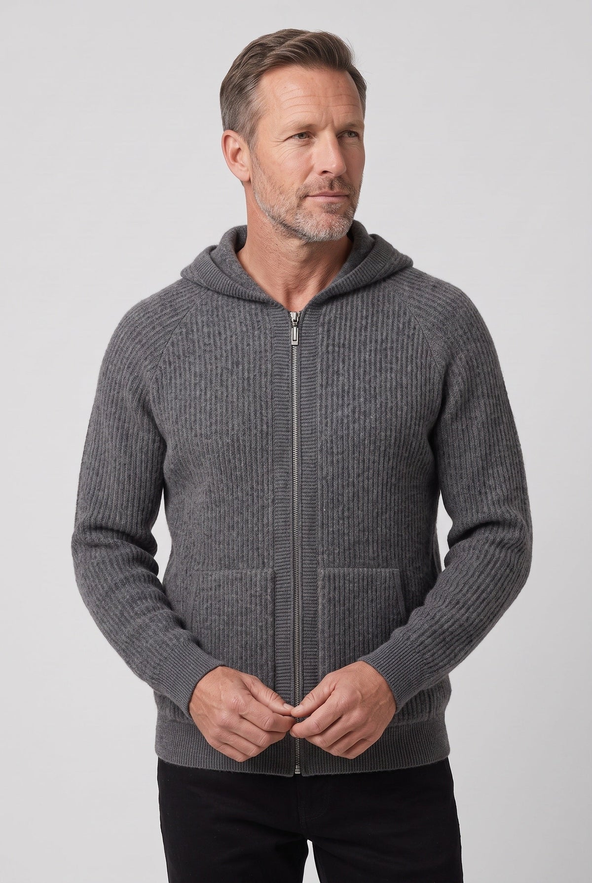 Men's Zip Up Hoodie | Full Zip Ribbed Knit - 11