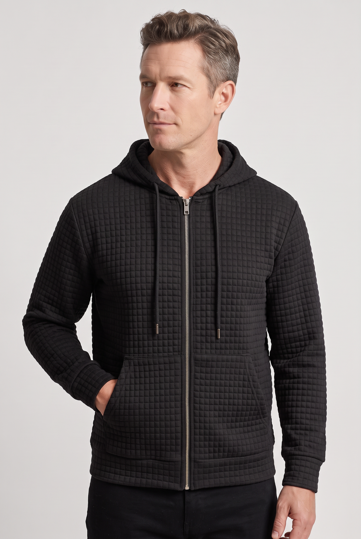Men's Zip Up Hoodie | Waffle Texture Front Pockets - 1