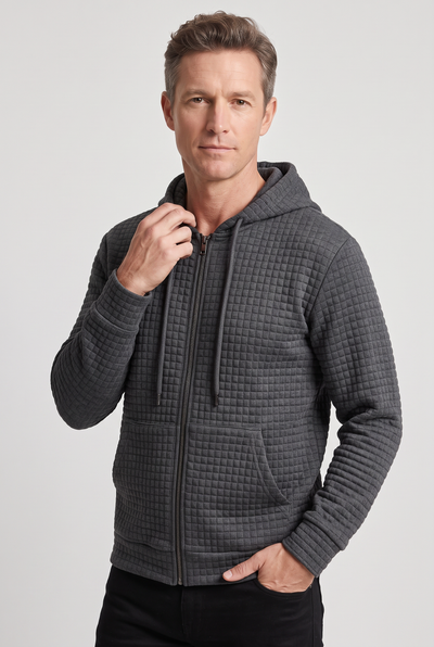 Men's Zip Up Hoodie | Waffle Texture Front Pockets - 3
