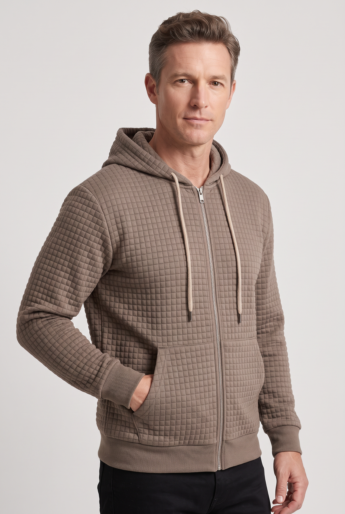 Men's Zip Up Hoodie | Waffle Texture Front Pockets - 4