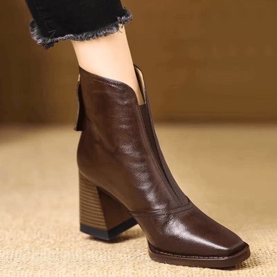 Women's Ankle Boots | Block Heel Square Toe Pull-On Leather-Look - 1