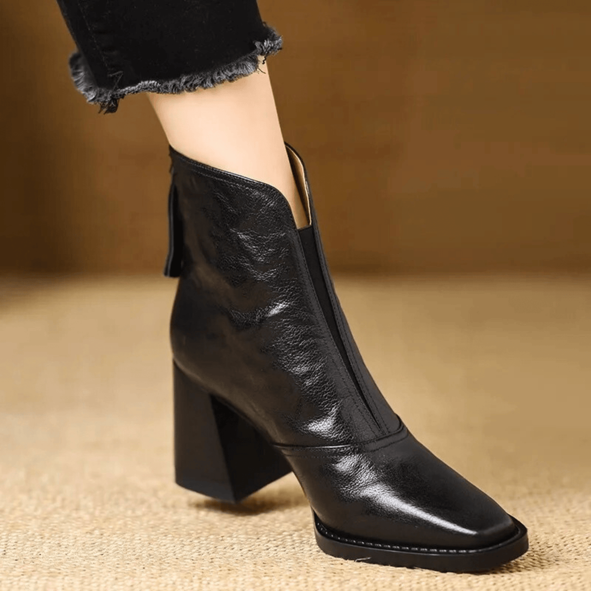 Women's Ankle Boots | Block Heel Square Toe Pull-On Leather-Look - 2