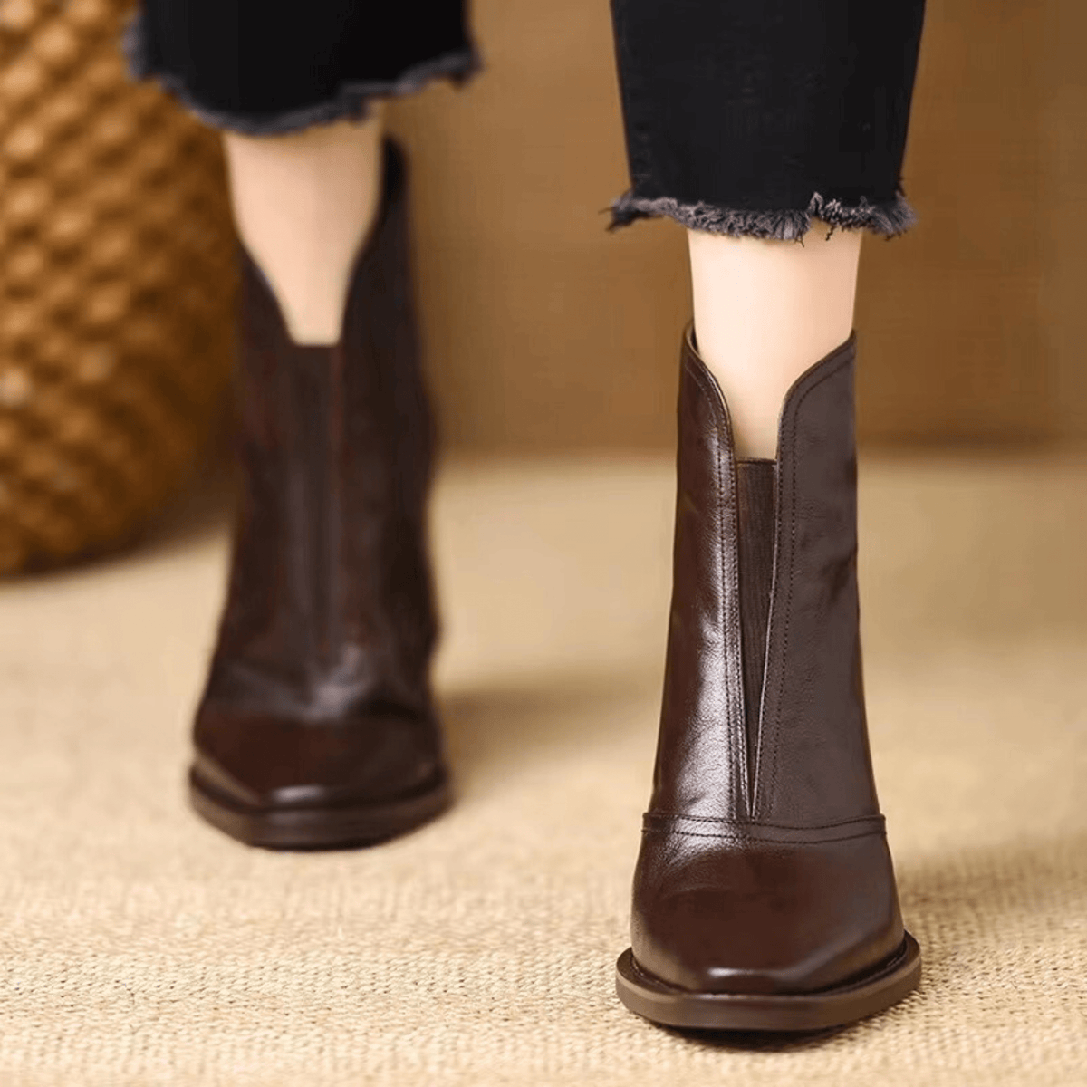 Women's Ankle Boots | Block Heel Square Toe Pull-On Leather-Look - 5