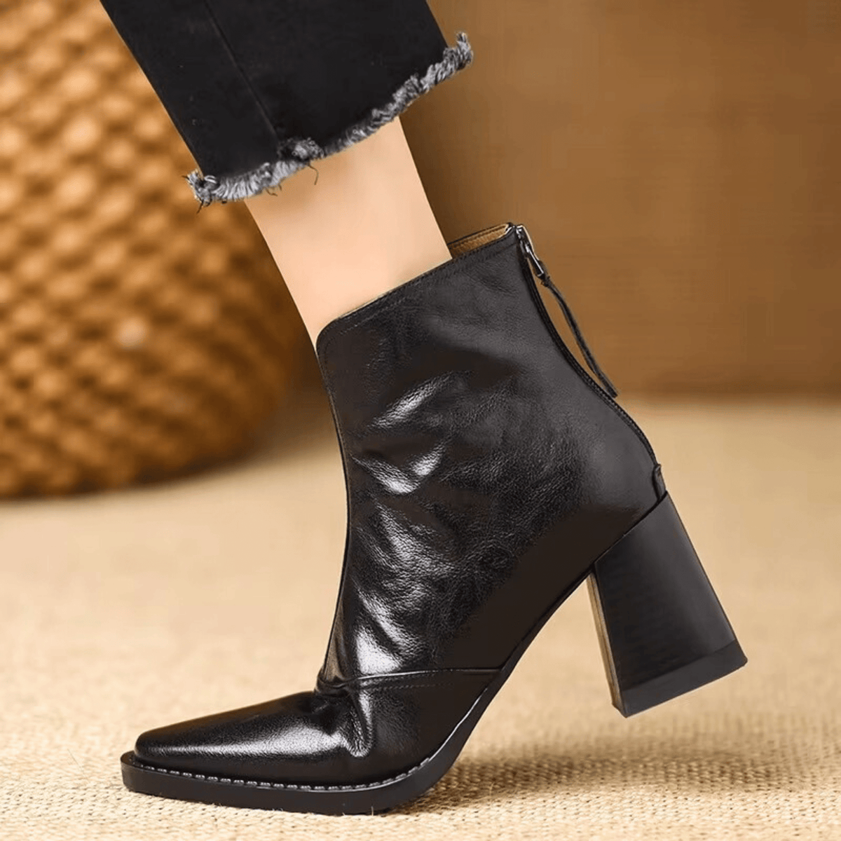 Women's Ankle Boots | Block Heel Square Toe Pull-On Leather-Look - 6