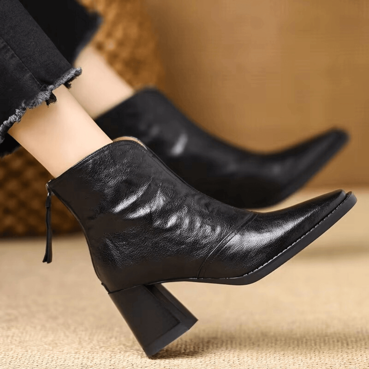 Women's Ankle Boots | Block Heel Square Toe Pull-On Leather-Look - 8