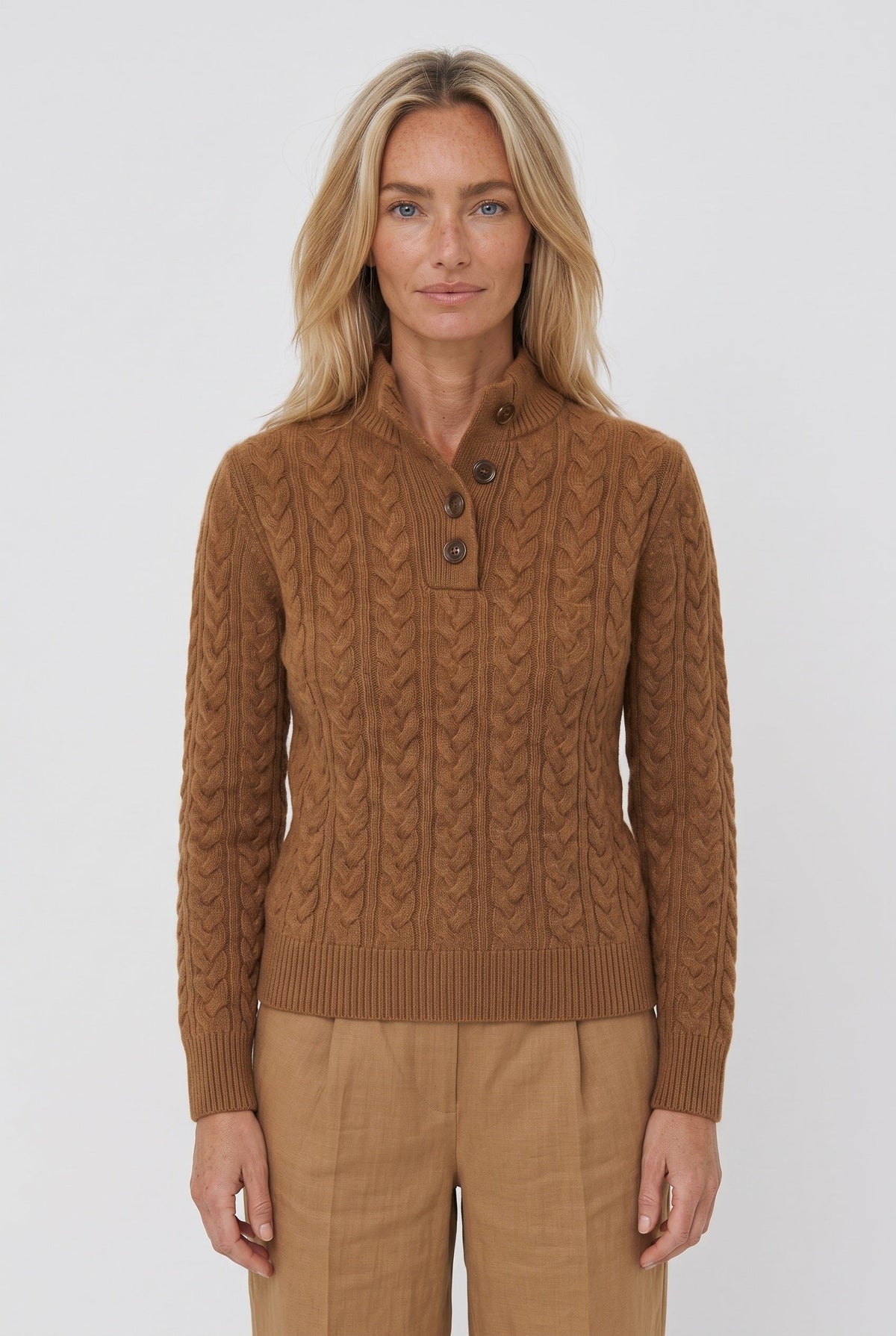 Women's Cable Knit Sweater | Button Placket Stand Collar - 1