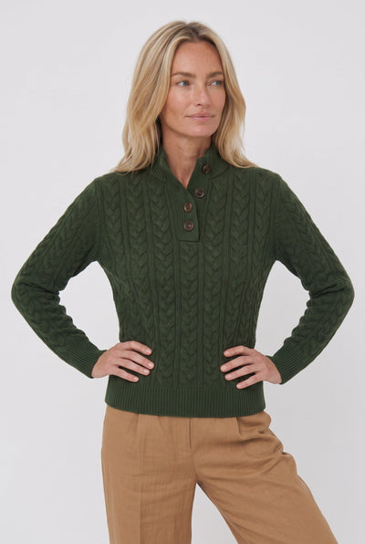 Women's Cable Knit Sweater | Button Placket Stand Collar - 3