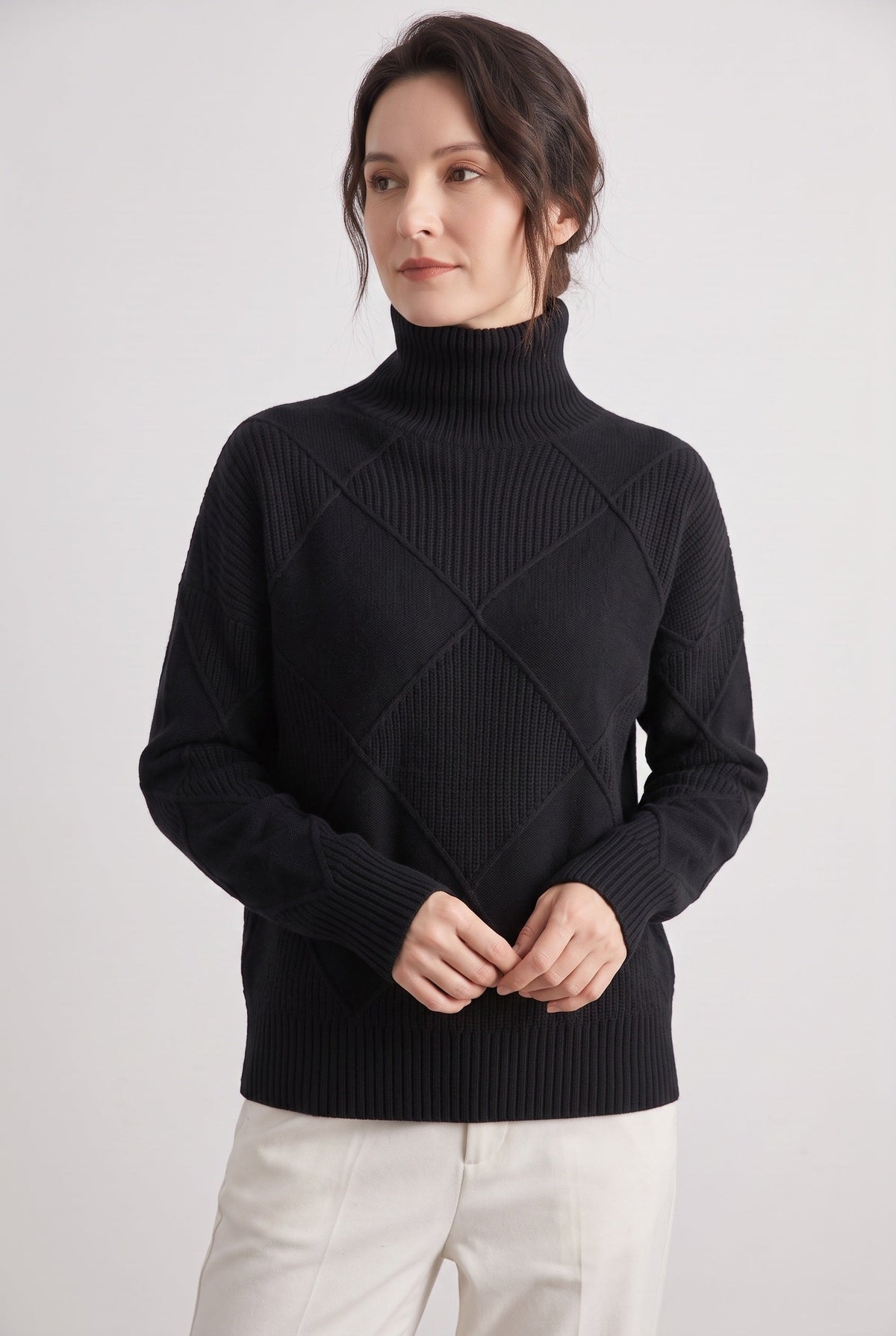 Women's Cable Knit Sweater | Turtleneck Diamond Lattice - 6