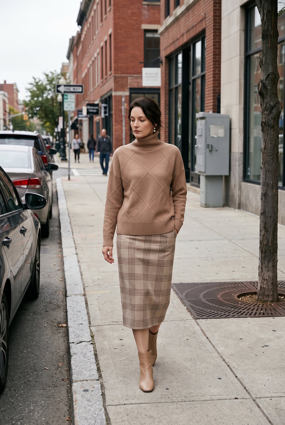 Women's Cable Knit Sweater | Turtleneck Diamond Lattice - Brown lifestyle