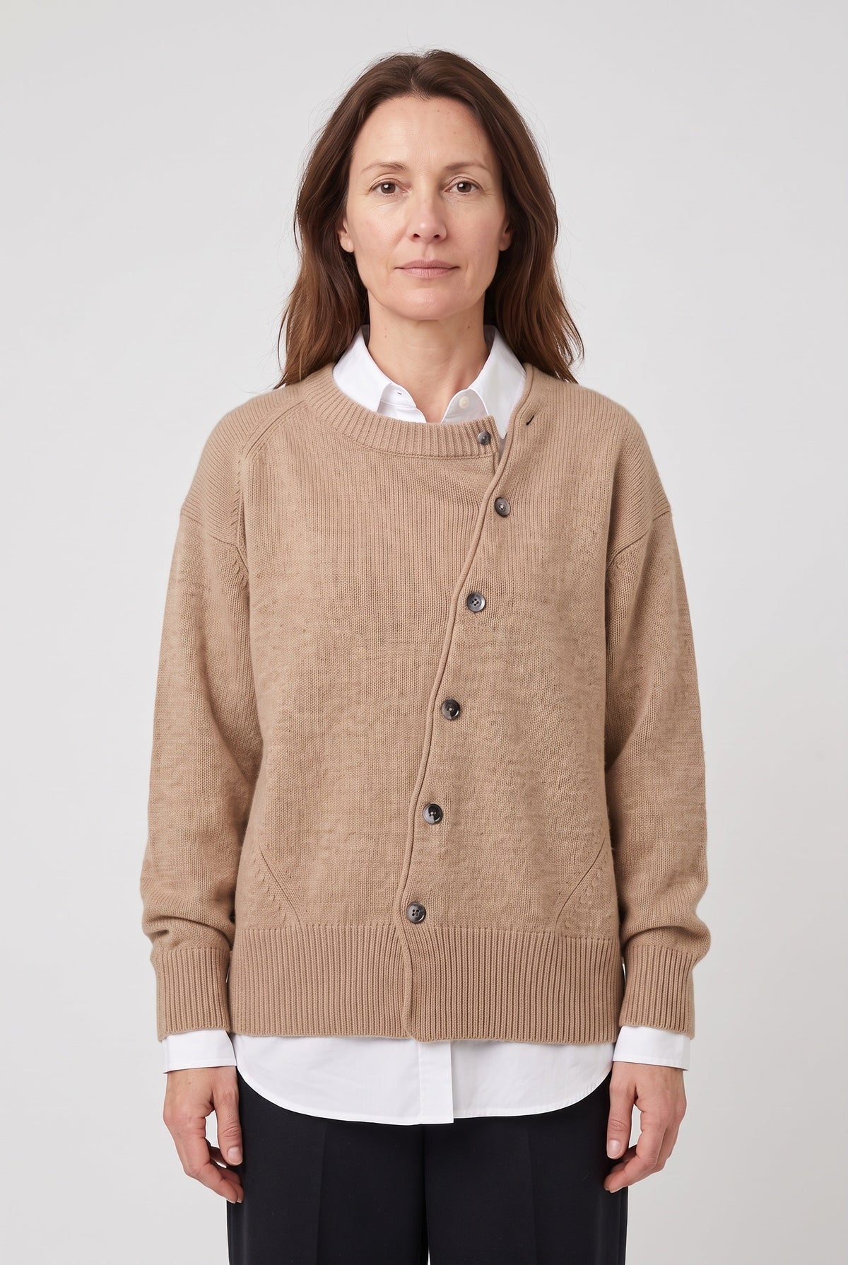 Women's Cardigan | Asymmetric Button Front Crew Neck - 1
