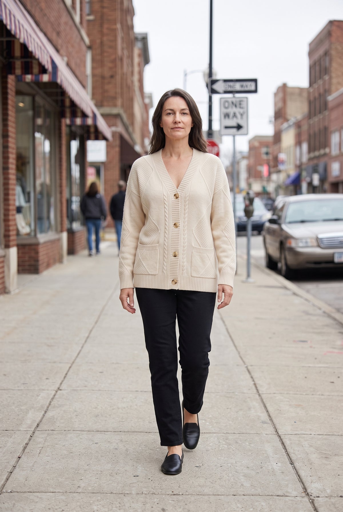 Women's Cardigan | Cable Knit V-Neck with Patch Pockets - Beige lifestyle