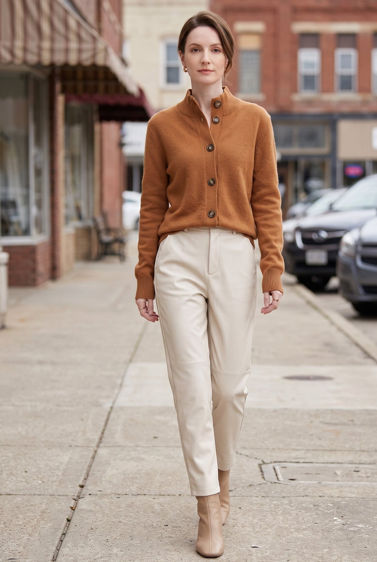 Women's Cardigan | Convertible Stand Collar Button Front - Brown lifestyle