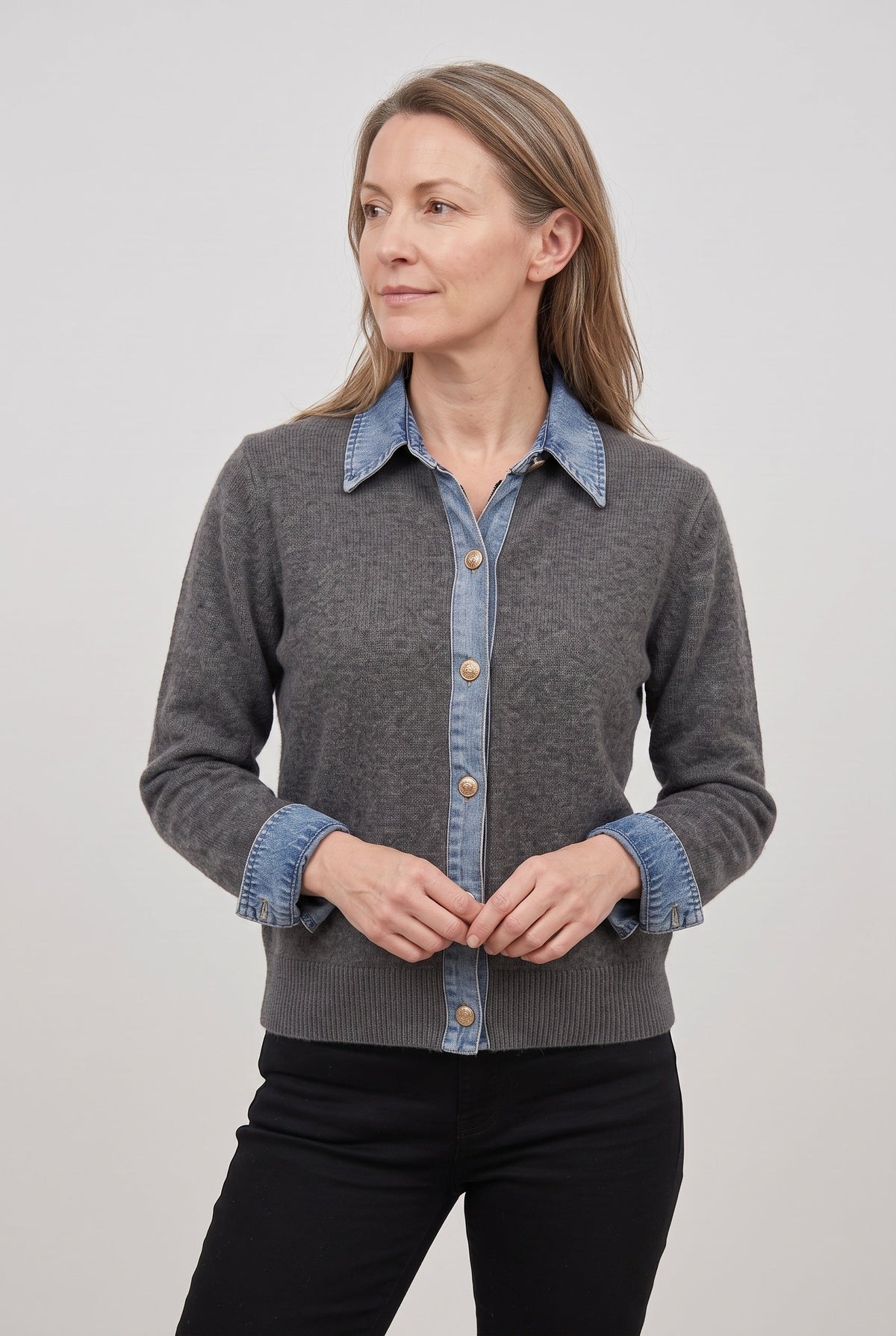 Women's Cardigan | Denim-Look Collar Button Front - 5