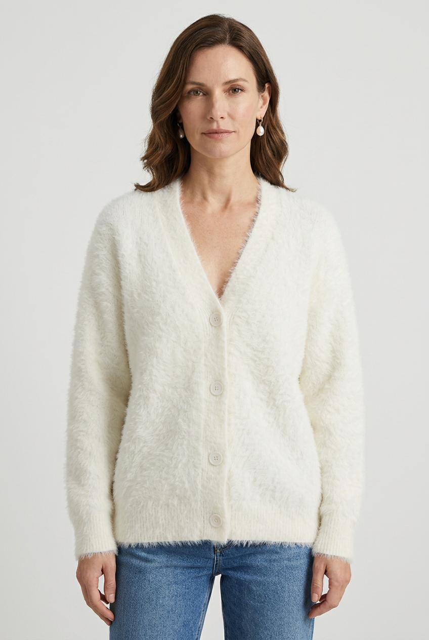 Women's Cardigan | Fluffy Knit V-Neck Button Down - 1
