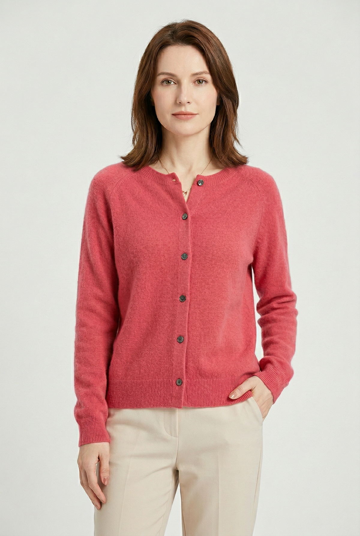 Women's Cardigan | Round Neck Button Front Raglan Sleeve - 1