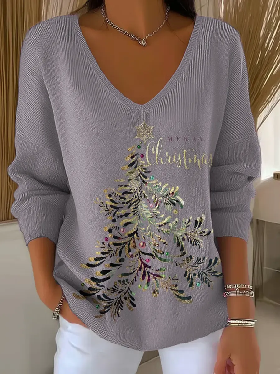 Women's Christmas Sweater | V-Neck Ribbed Knit Tree Print Jumper - 1