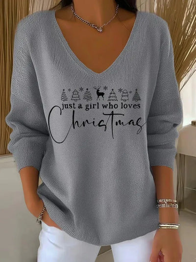 Women's Christmas Sweater | V-Neck Ribbed Knit Tree Print Jumper - 10