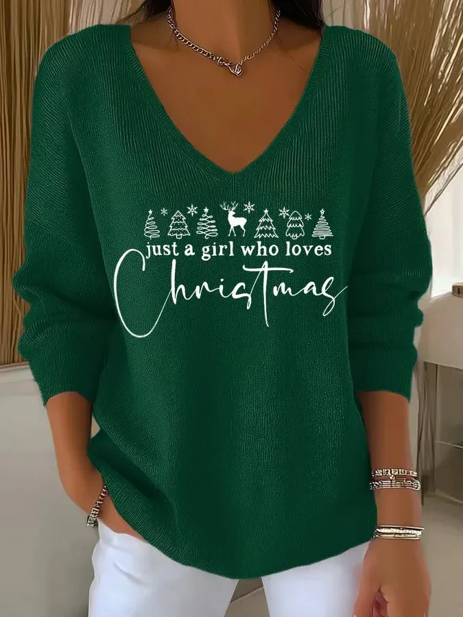 Women's Christmas Sweater | V-Neck Ribbed Knit Tree Print Jumper - 11