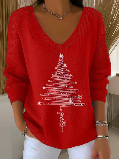 Women's Christmas Sweater | V-Neck Ribbed Knit Tree Print Jumper - 2