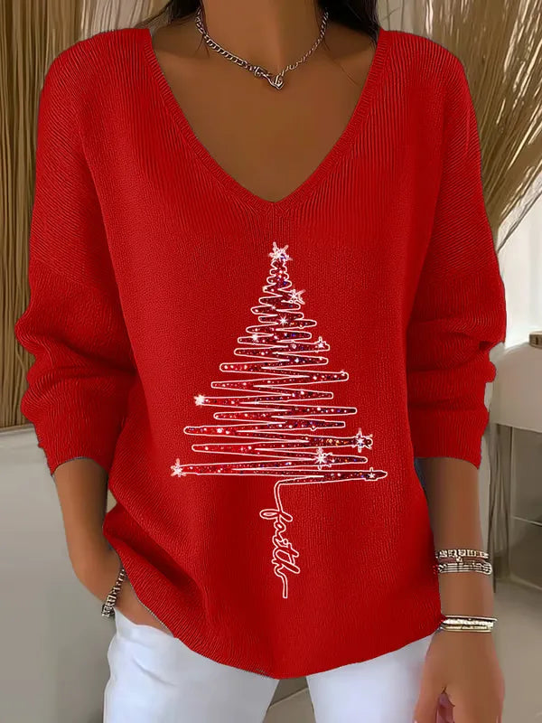 Women's Christmas Sweater | V-Neck Ribbed Knit Tree Print Jumper - 2