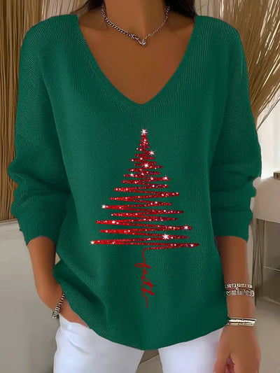 Women's Christmas Sweater | V-Neck Ribbed Knit Tree Print Jumper - 4