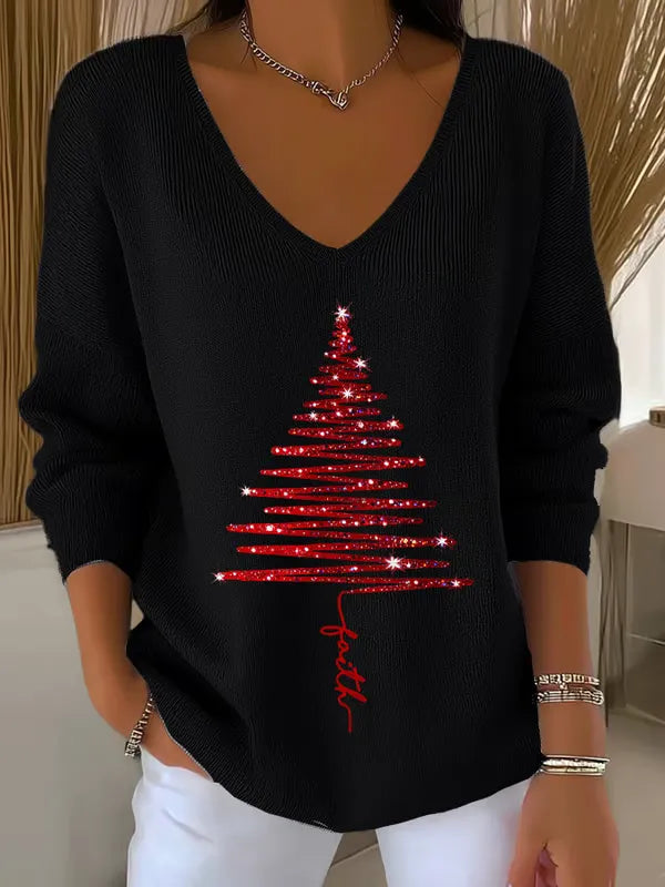 Women's Christmas Sweater | V-Neck Ribbed Knit Tree Print Jumper - 5