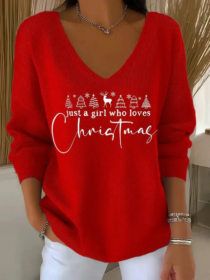 Women's Christmas Sweater | V-Neck Ribbed Knit Tree Print Jumper - 6