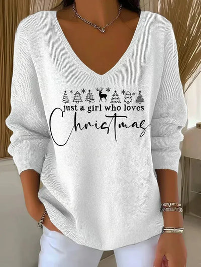 Women's Christmas Sweater | V-Neck Ribbed Knit Tree Print Jumper - 9