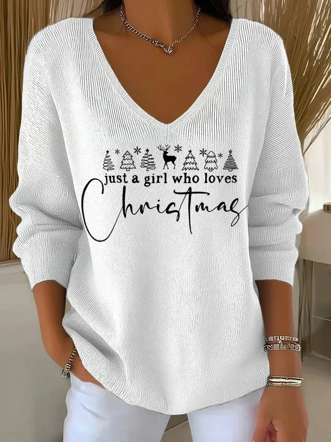 Women's Christmas Sweater | V-Neck Ribbed Knit Tree Print Jumper - 9