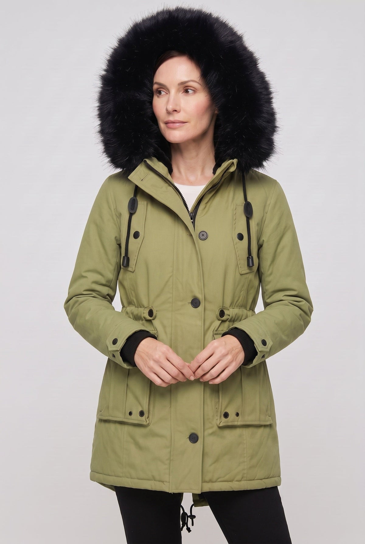 Women's Coat | Button Front with Faux Fur Hood - 6