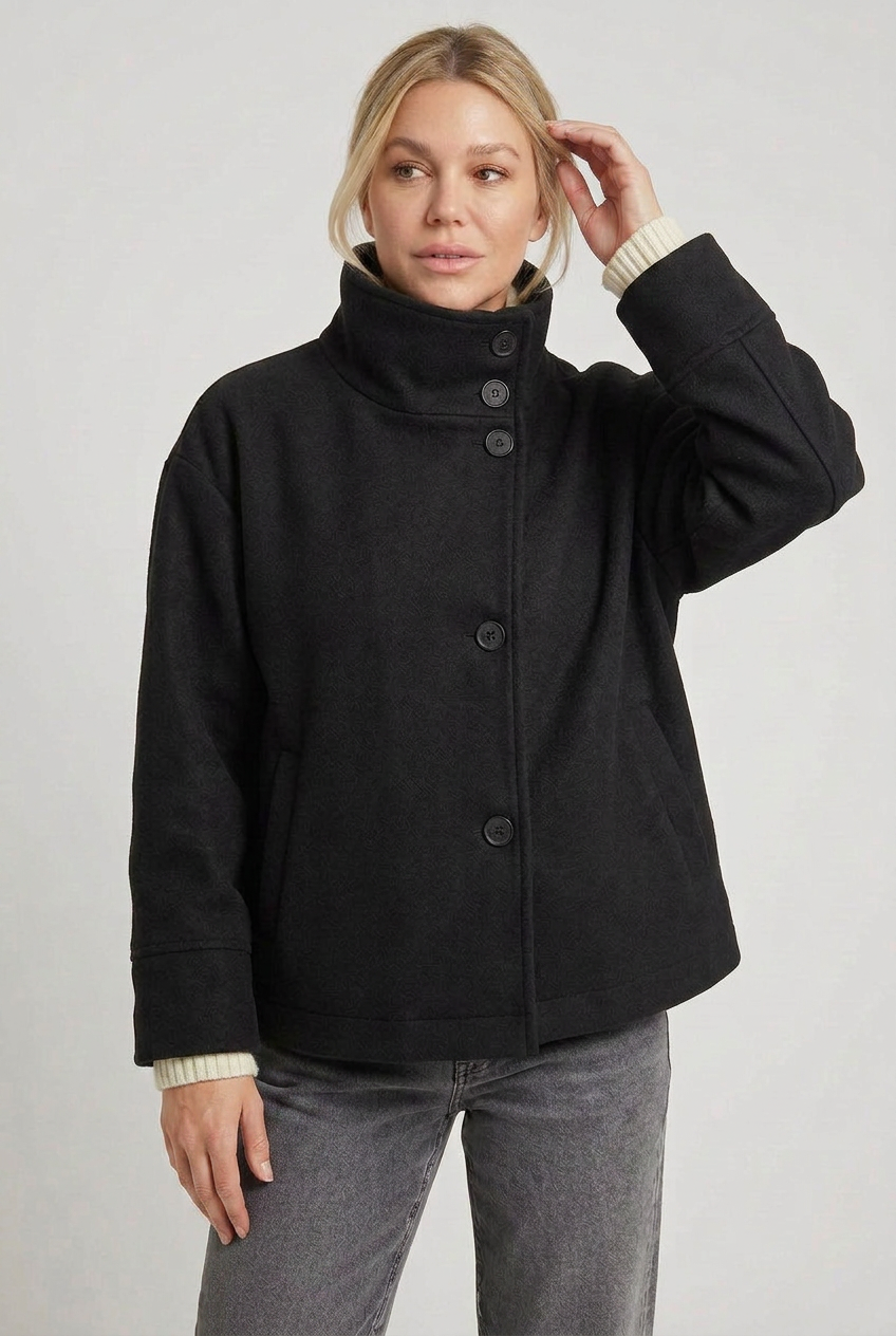 Women's Coat | Cropped Funnel Neck Asymmetric Button - 1