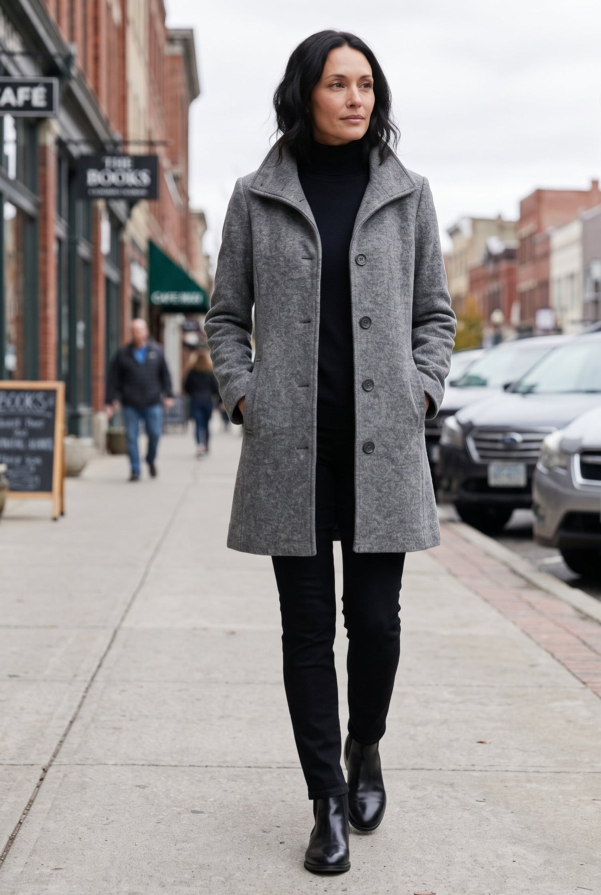 Women's Coat | Stand Collar Button Front - Dark Gray lifestyle