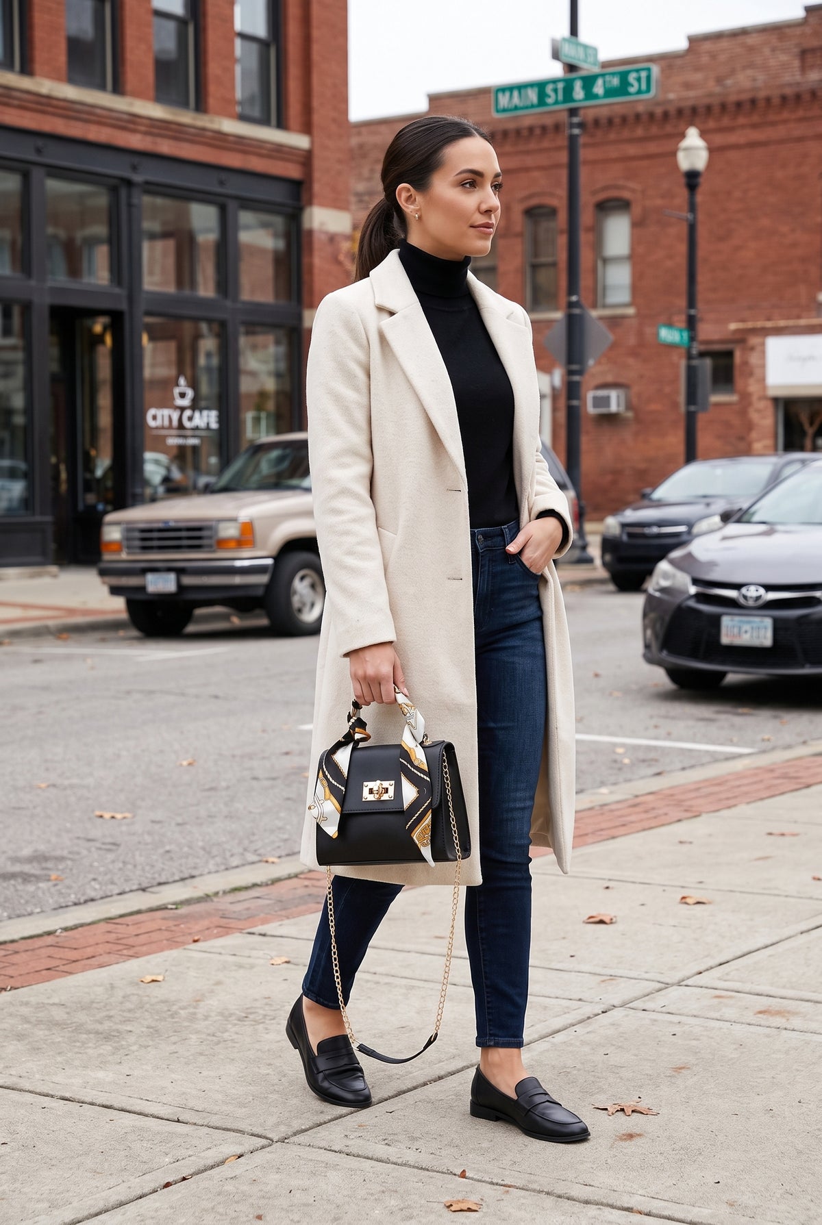 Women's Crossbody Bag | Scarf Handle with Turn Lock - Black lifestyle