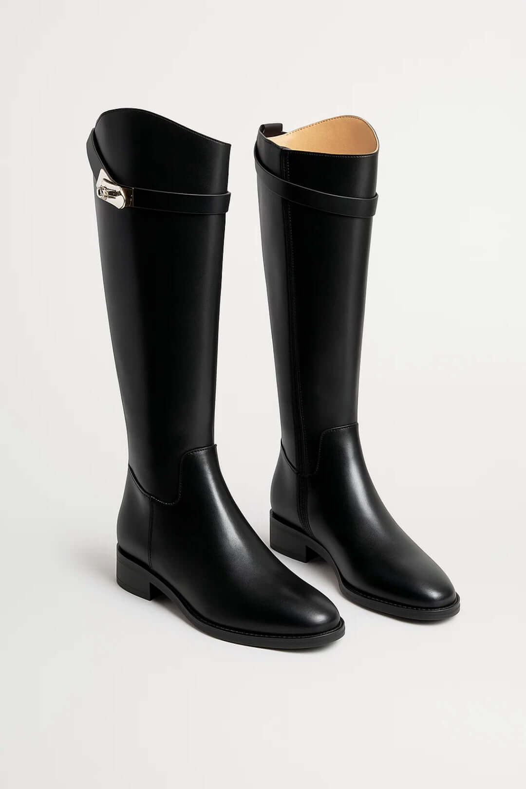 Women's Knee High Boots | Buckle Strap Low Block Heel Riding - 1