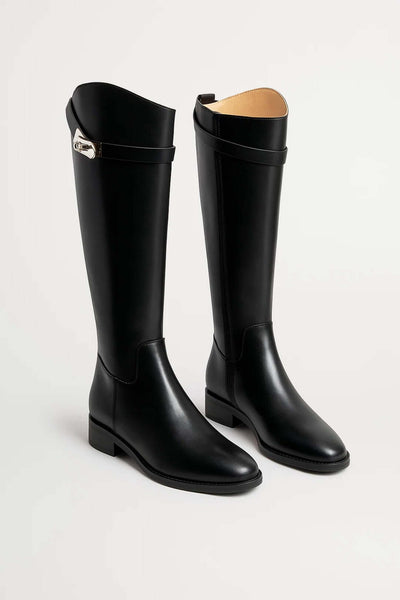 Women's Knee High Boots | Buckle Strap Low Block Heel Riding - 1