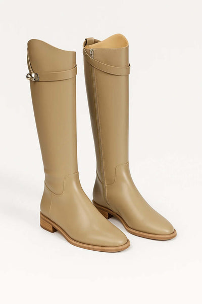Women's Knee High Boots | Buckle Strap Low Block Heel Riding - 2