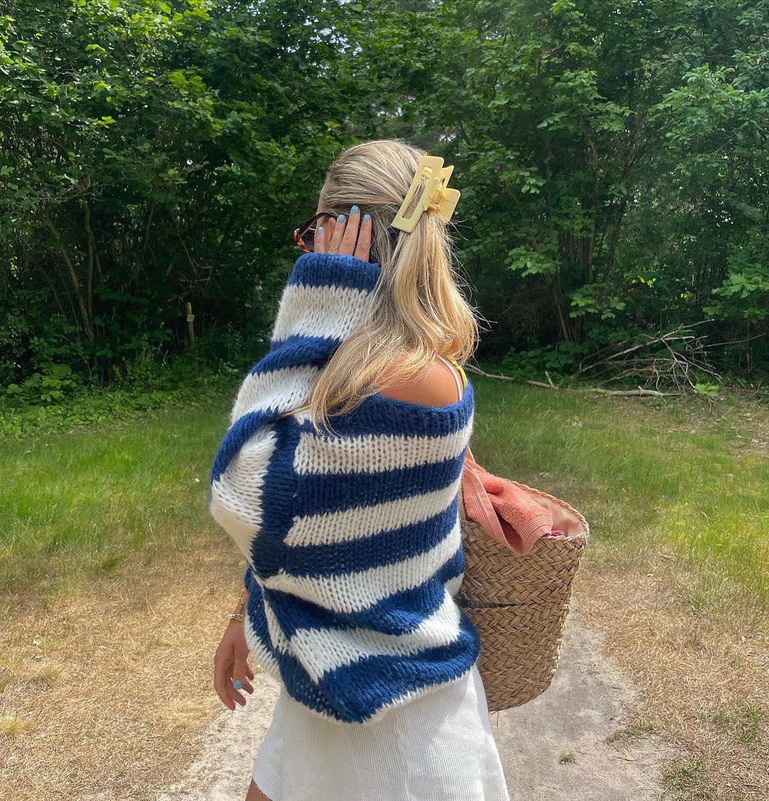 Women's Knit Sweater | Chunky Wide Stripe Drop Shoulder Oversized - 4