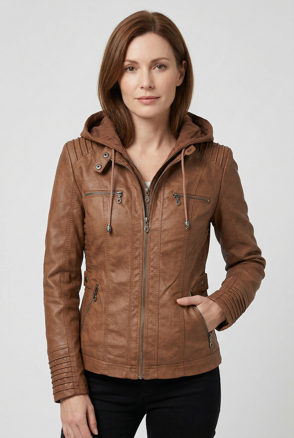 Women's Leather-Look Jacket | Hooded Zip Chest Pockets - 1