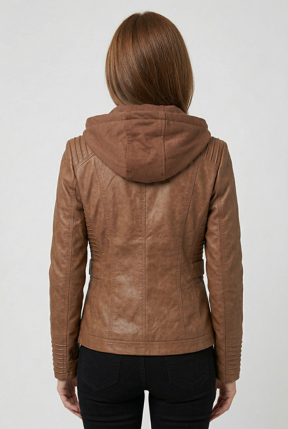 Women's Leather-Look Jacket | Hooded Zip Chest Pockets - 2
