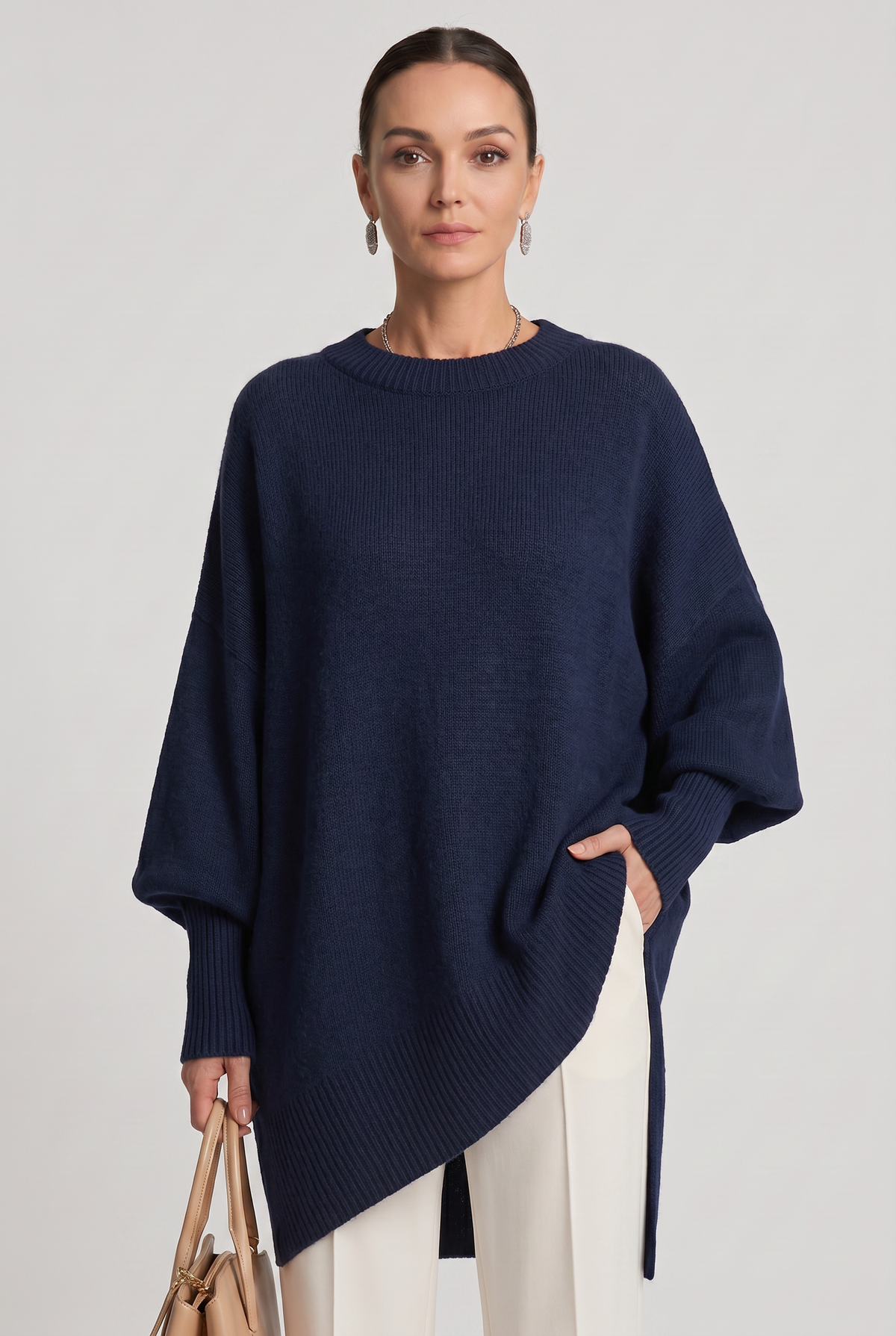 Women's Oversized Sweater | Crew Neck Asymmetric Hem - 6