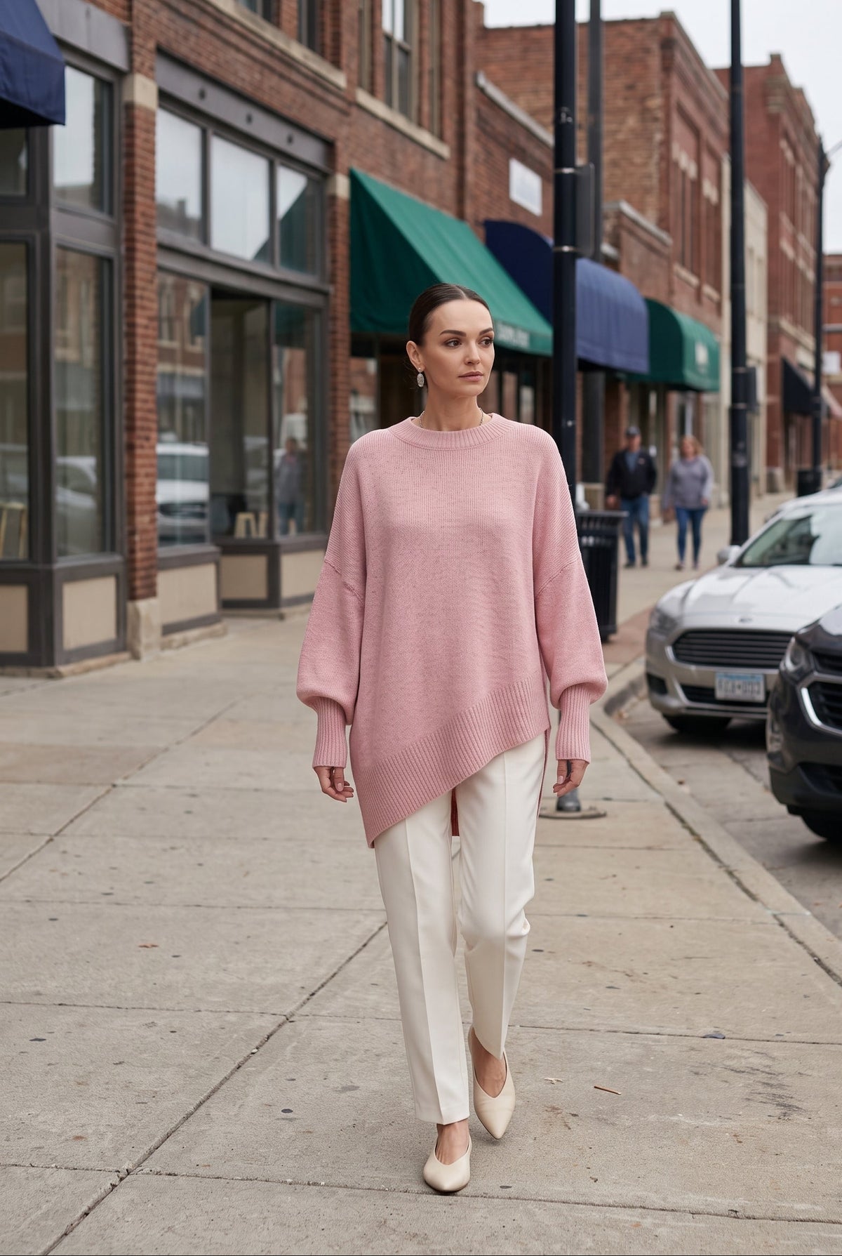 Women's Oversized Sweater | Crew Neck Asymmetric Hem - Pink lifestyle