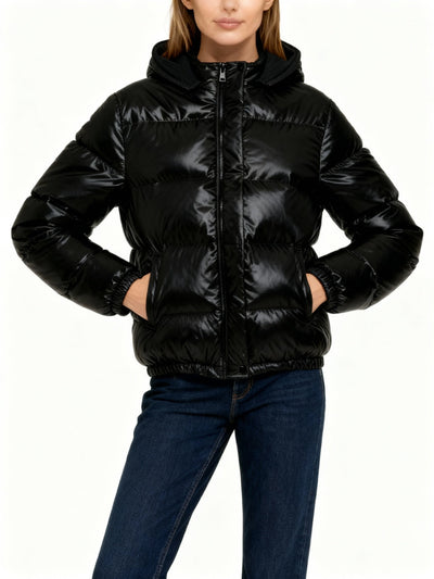 Women's Puffer Jacket | Detachable Hood Glossy Quilted Zip-Up - 3