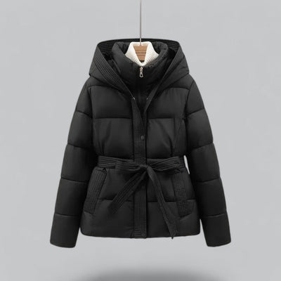 Women's Puffer Jacket | Hooded Belted Quilted Zip-Up Short - 1
