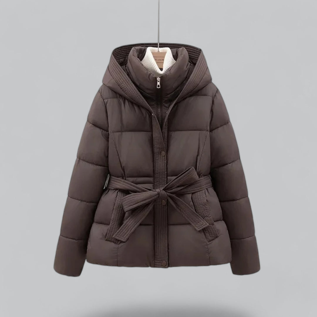 Women's Puffer Jacket | Hooded Belted Quilted Zip-Up Short - 2