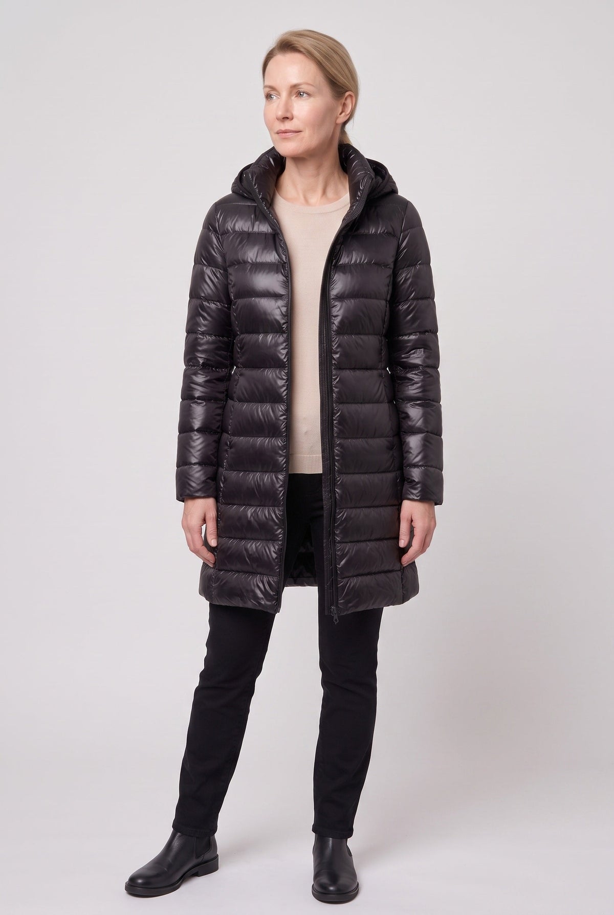 Women's Puffer Jacket | Longline Hooded Zip Front - 10