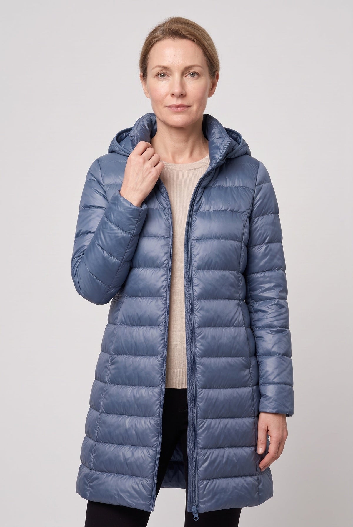 Women's Puffer Jacket | Longline Hooded Zip Front - 11
