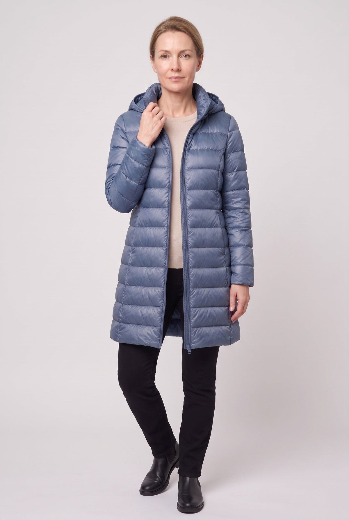 Women's Puffer Jacket | Longline Hooded Zip Front - 12