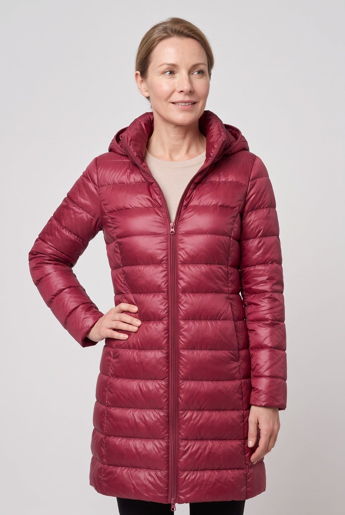 Women's Puffer Jacket | Longline Hooded Zip Front - 13