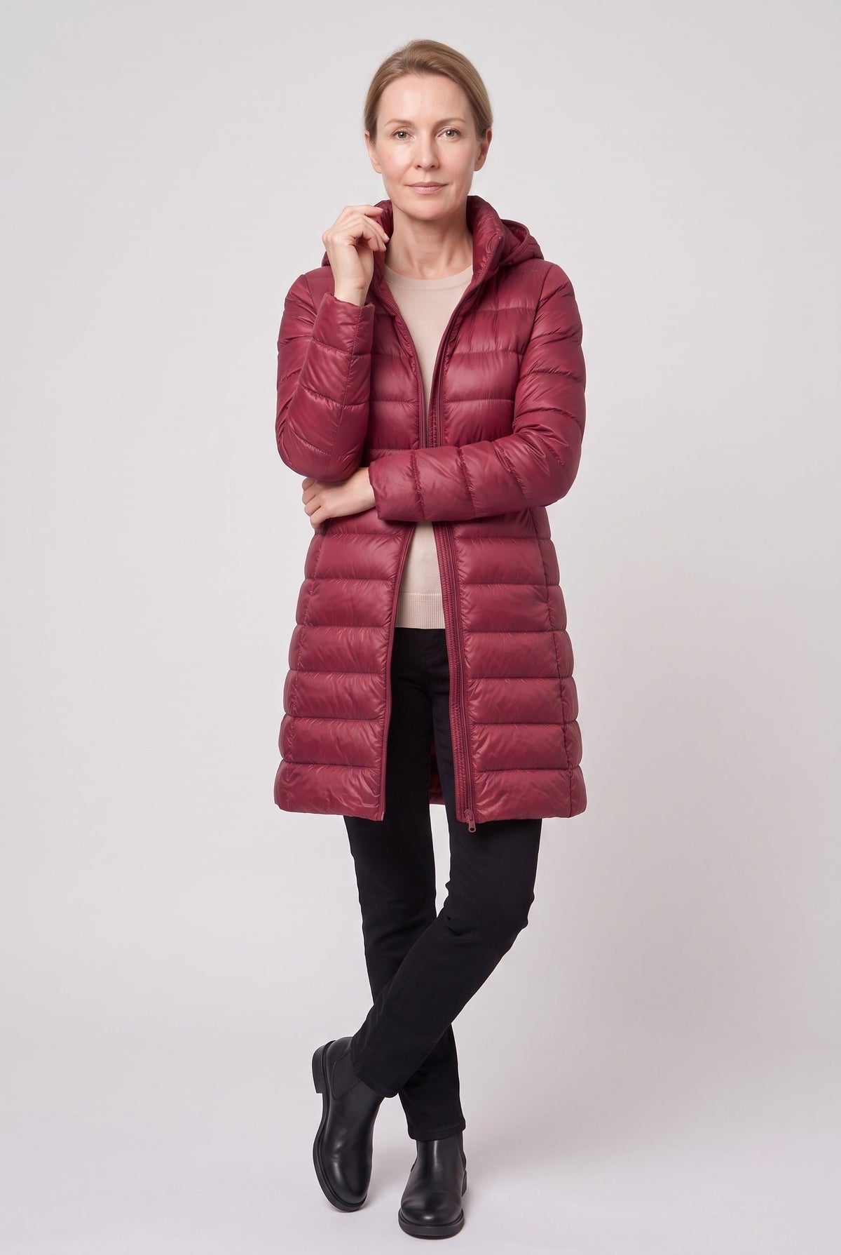 Women's Puffer Jacket | Longline Hooded Zip Front - 14