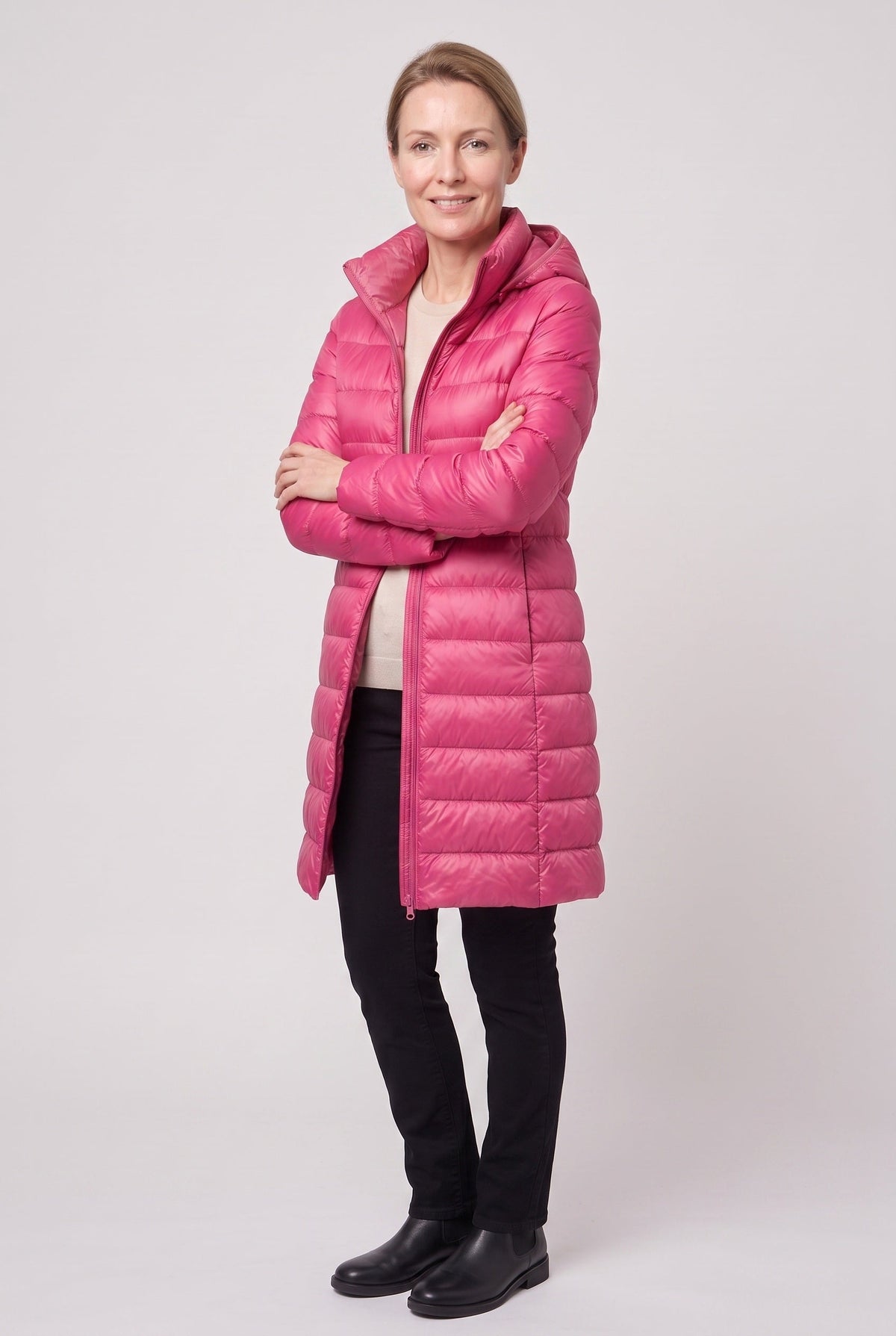 Women's Puffer Jacket | Longline Hooded Zip Front - 15
